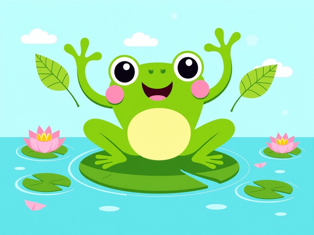 The image is a cartoon illustration of a green frog sitting on a lily pad in a pond. The frog has big, round eyes and a big smile on its face. It has two green leaves on its back and its arms are raised in the air, as if it is cheering or celebrating. The background is a light blue sky with white clouds. There are two pink water lilies floating on the surface of the water. The overall theme of the image is happy and playful.