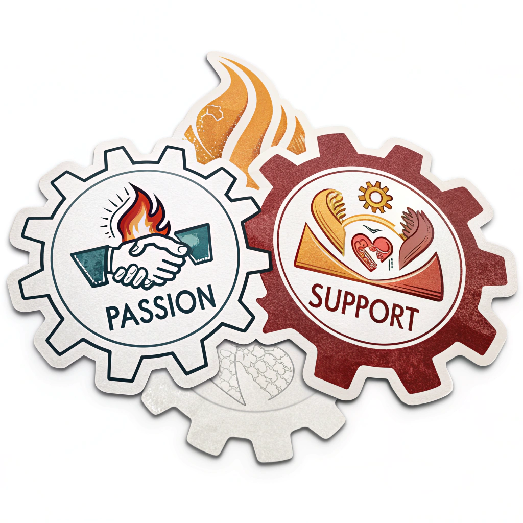 Two distinct but interlocking gears: one gear could be labeled or visually themed around 'Passion' (e.g., with warm colors, a flame motif) and the other around 'Support' (e.g., with cool/stable colors, a shield or hands motif), demonstrating how they work in tandem. The tagline encircles the gears or is placed strategically to emphasize their connection.