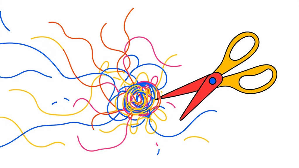 Illustration: Tangled threads representing misinformation being untangled or cut by scissors labeled 'Regulation' or 'Fact-Check'.