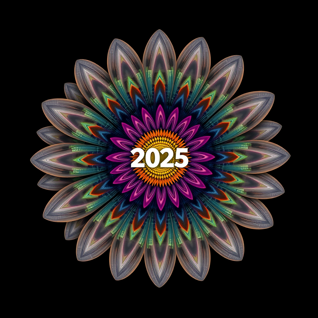 Fractal Spectrum Bloom: A daisy constructed from intricate, evolving fractal patterns. As the design is observed, new layers of spectrum color and detail appear to 'pulse' into view from the center outwards. '2025' is subtly embedded within the fractal geometry.