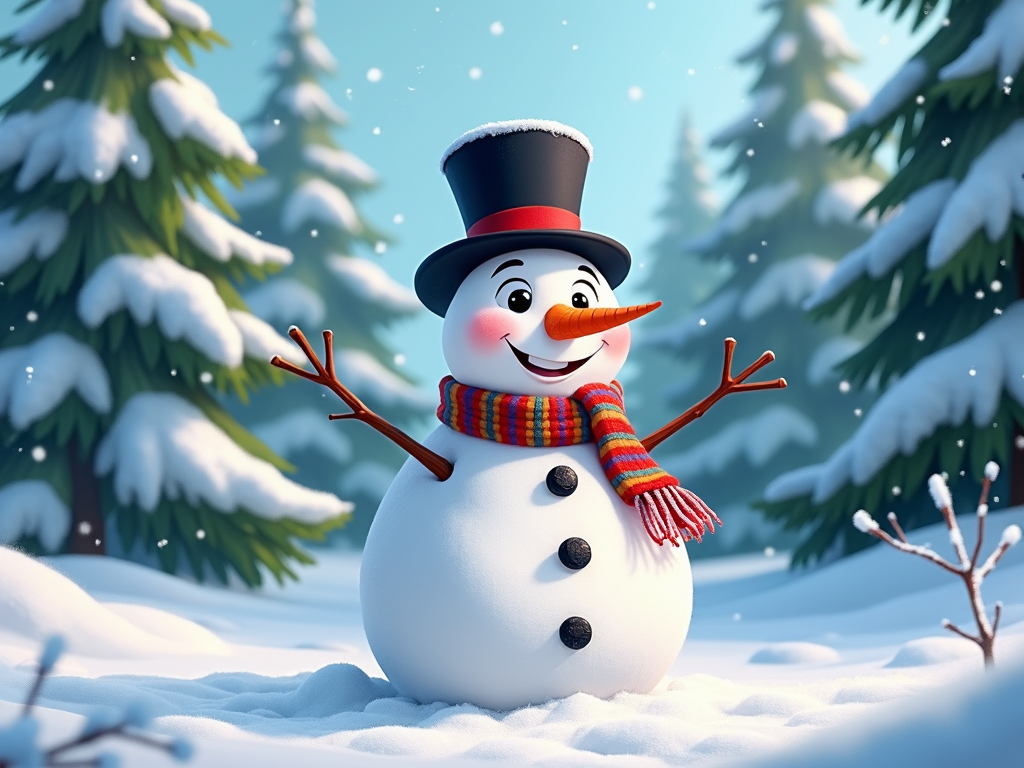 The image shows a snowman wearing a top hat and scarf standing in the snow surrounded by trees covered in a blanket of snow. The sky is visible in the background, creating a peaceful winter scene.