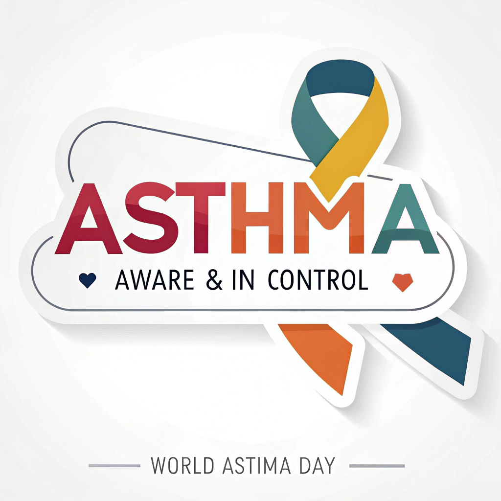 Sub-design 5: Sticker design focused on a strong, positive slogan in bold typography, such as 'Asthma Aware & In Control'. The asthma awareness ribbon is incorporated as a smaller accent element, perhaps to one side of the text or dotting an 'i'. 'World Asthma Day' included.