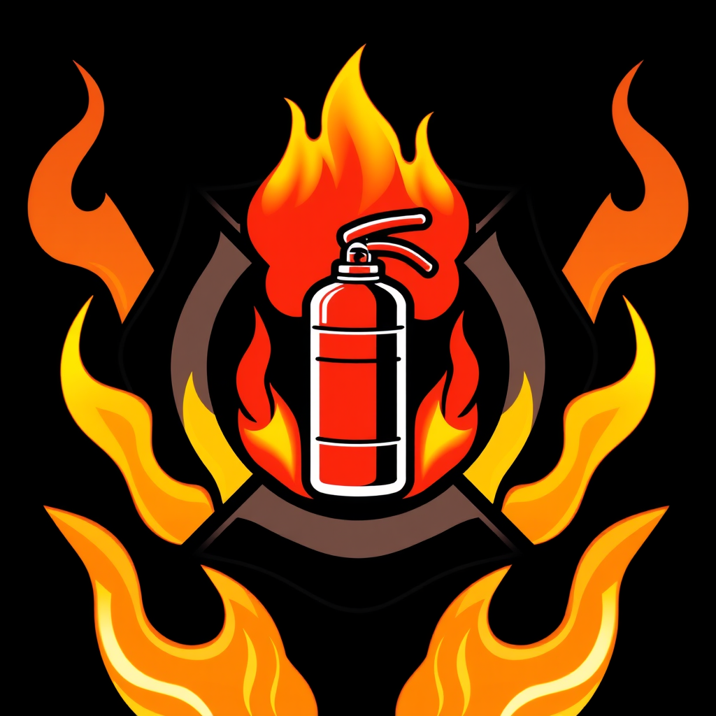 A badge-shaped logo with a fire extinguisher in the center, surrounded by flames.