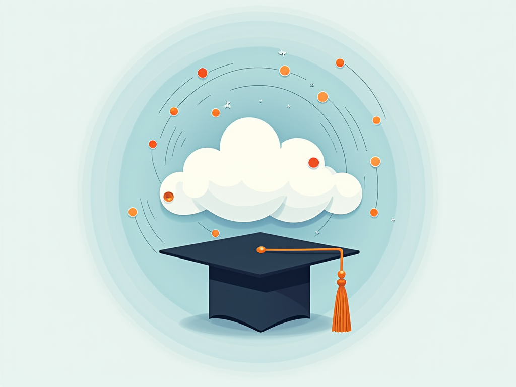 An illustration of intertwined icons: a mortarboard cap connected by a digital line to a cloud symbol, symbolizing the link between traditional education and online resources.