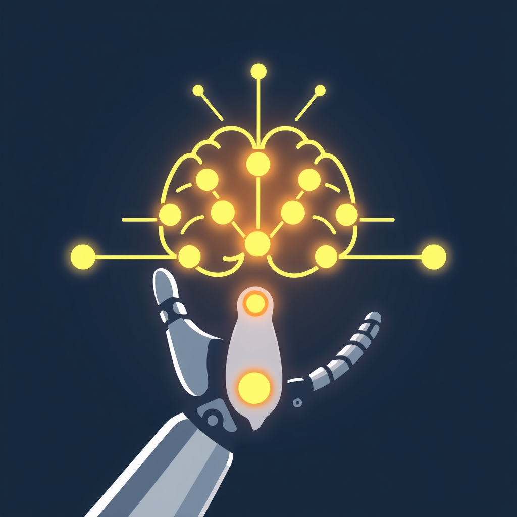 Simple Icon Idea: A robotic hand interacting with a glowing digital brain symbol or neural network node.