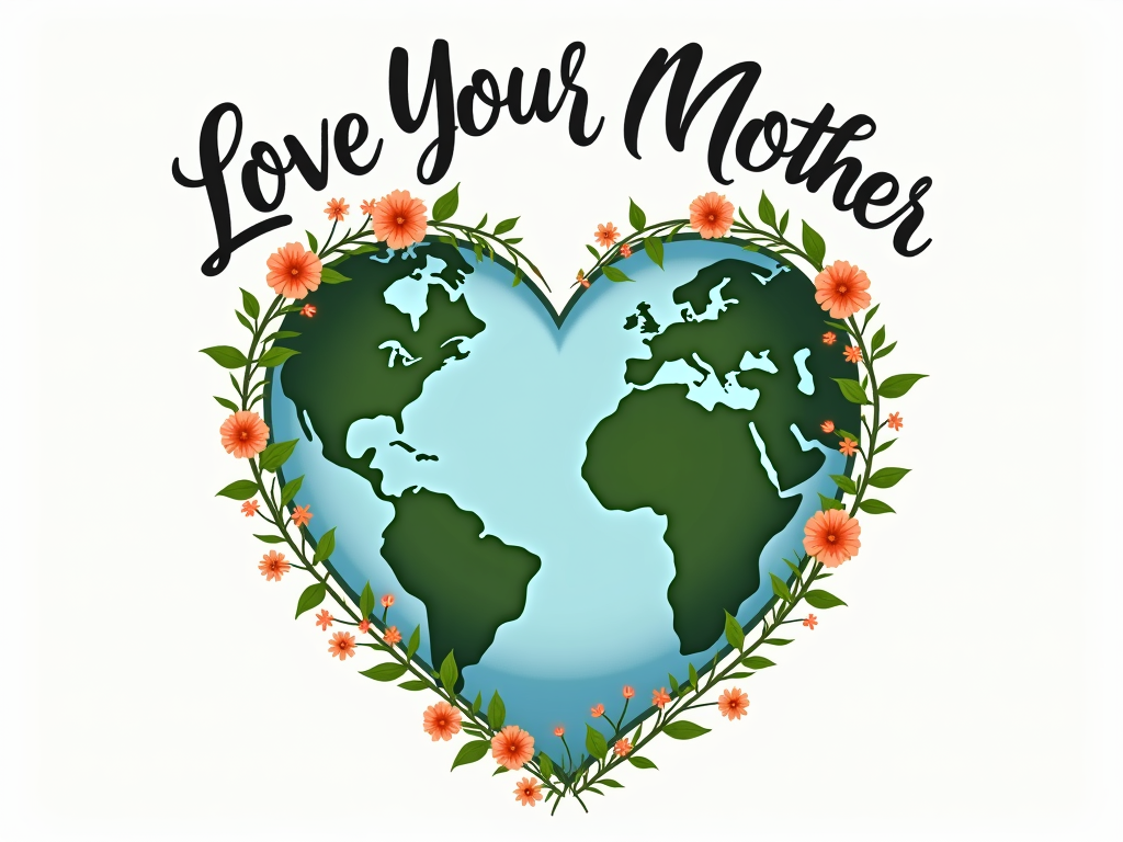 A stylized Earth shaped as a heart, with visible continents, entwined by blooming wildflowers and green vines. The text 'Love Your Mother' in an elegant, flowing script arches above or wraps around the heart-Earth.