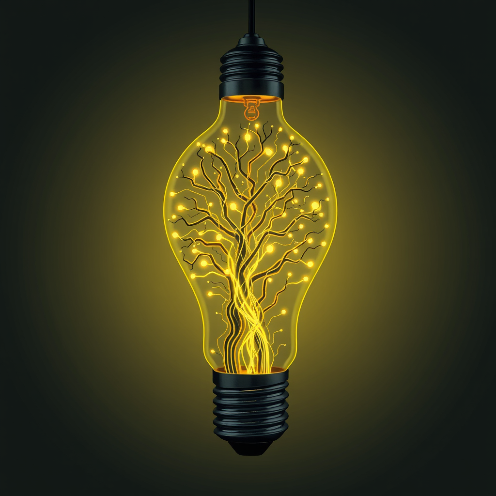 Lightbulb with Organic, Branching Circuitry: Circuit patterns within the lightbulb take on a more natural, flowing aesthetic, resembling tree branches, veins, or root systems, lit from within, blending technology with organic creativity.