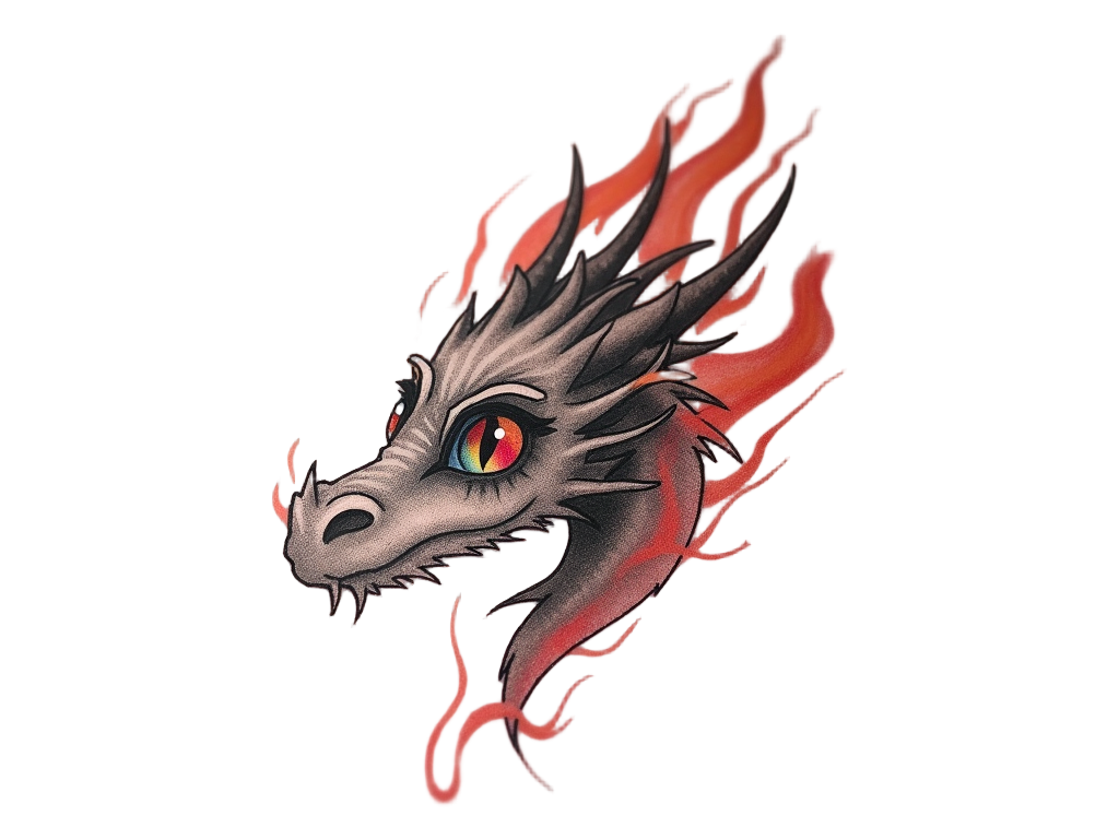 A small, delicate dragon tattoo behind an ear, drawn in fine lines with a touch of color to highlight the dragon's eyes and wisps of flame around it.