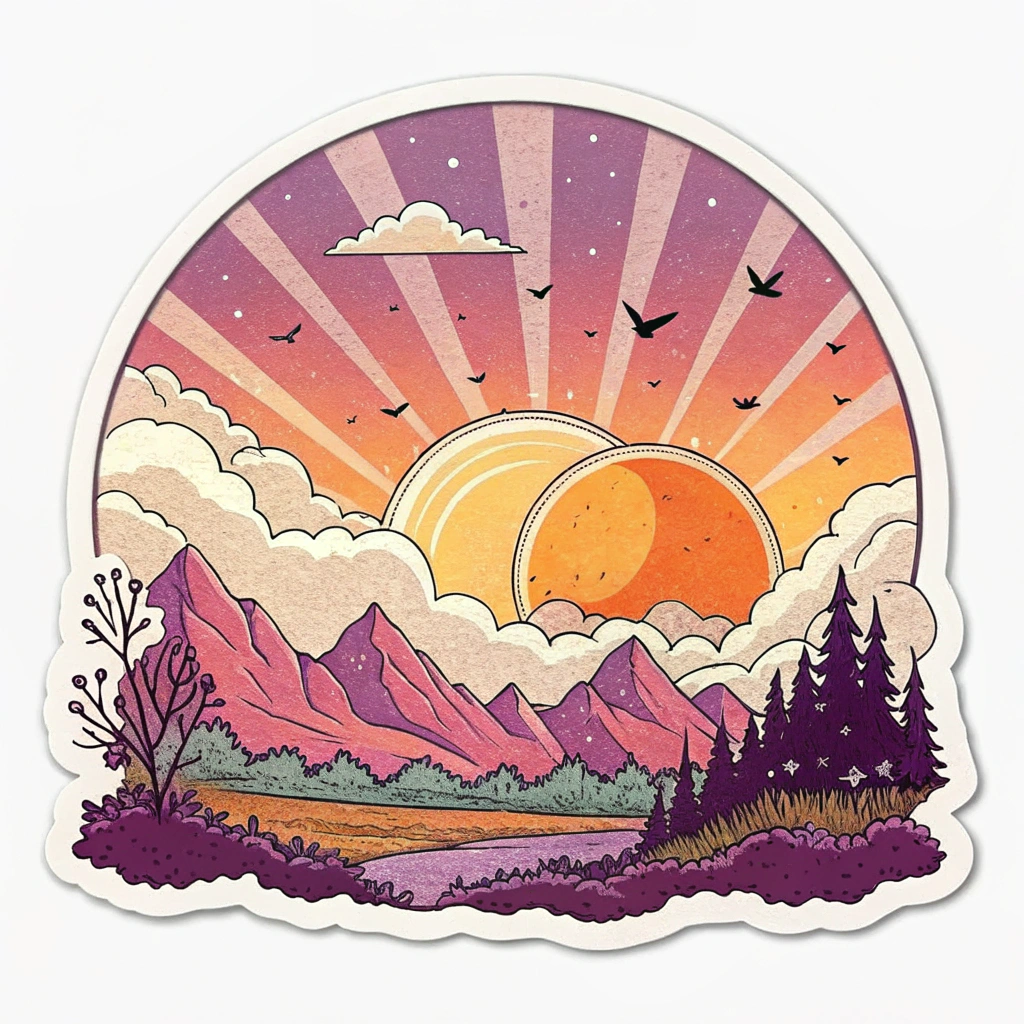 The image is an oval-shaped sticker with a colorful illustration of a beautiful landscape. The background is a gradient of pink, orange, and yellow, with rays of light shining down on the mountains. The mountains are covered in snow and there are trees and bushes scattered throughout the landscape. In the center of the image, there is a large orange sun with a few birds flying around it. The sky is filled with white clouds and the sun is setting in the distance. The overall style of the illustration is whimsical and dreamy.