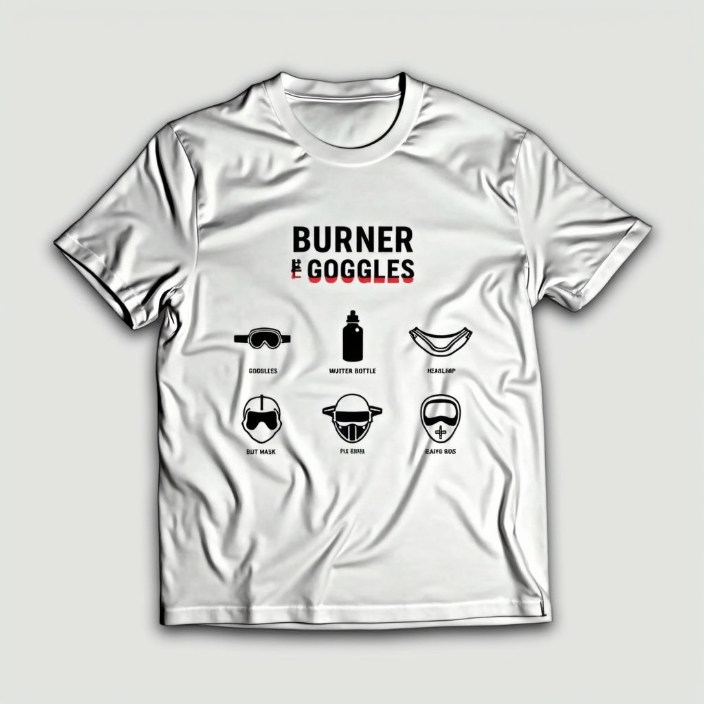Sub-Design Idea 4: 'Burner Survival Icons' - A T-shirt design showcasing a series of distinct, clean icons representing essential 'Burner Gear & Goggles'. Icons for goggles, water bottle, headlamp, dust mask, utility belt, etc., arranged neatly, perhaps with minimalist labels or as a graphic checklist.