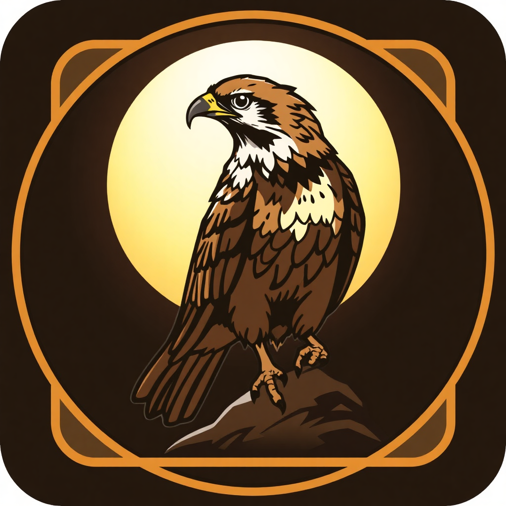 The image is a logo or emblem of an eagle perched on a rock. The eagle is facing towards the right side of the image and its head is turned slightly to the left. It has a brown body with white and black markings on its wings and tail. Its beak is yellow and its eyes are dark. The background is a dark brown color with a yellow circle in the center. The circle is surrounded by a gold border. The overall design is simple and cartoon-like.