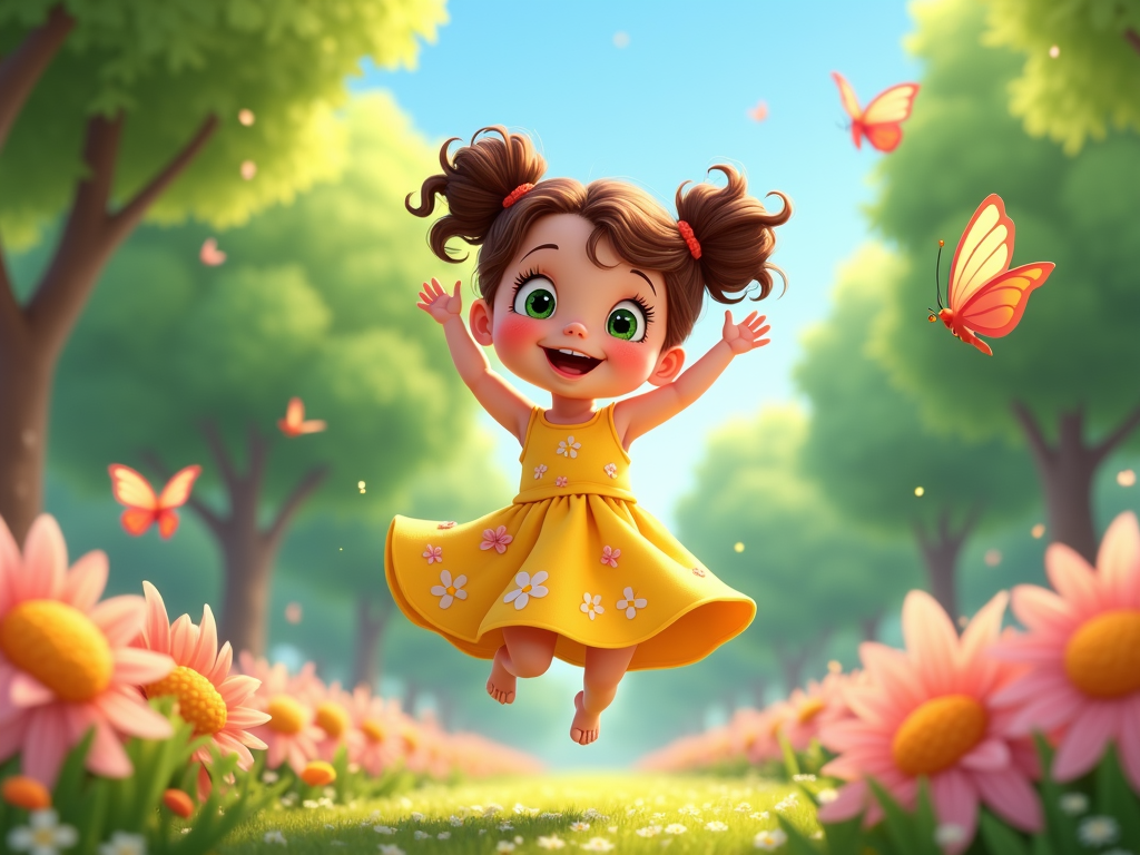 The image is a digital illustration of a cute little girl in a yellow dress with white flowers on it. She is in mid-air, with her arms stretched out to the sides and a big smile on her face. She has brown hair tied up in two pigtails and is surrounded by pink and orange butterflies. The background is a green forest with trees and pink flowers. The sky is blue and there are a few clouds in the sky. The overall mood of the image is cheerful and playful.