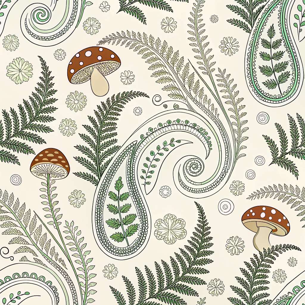 A grand paisley-inspired design featuring swirls of fern fronds and button-like mushroom caps.