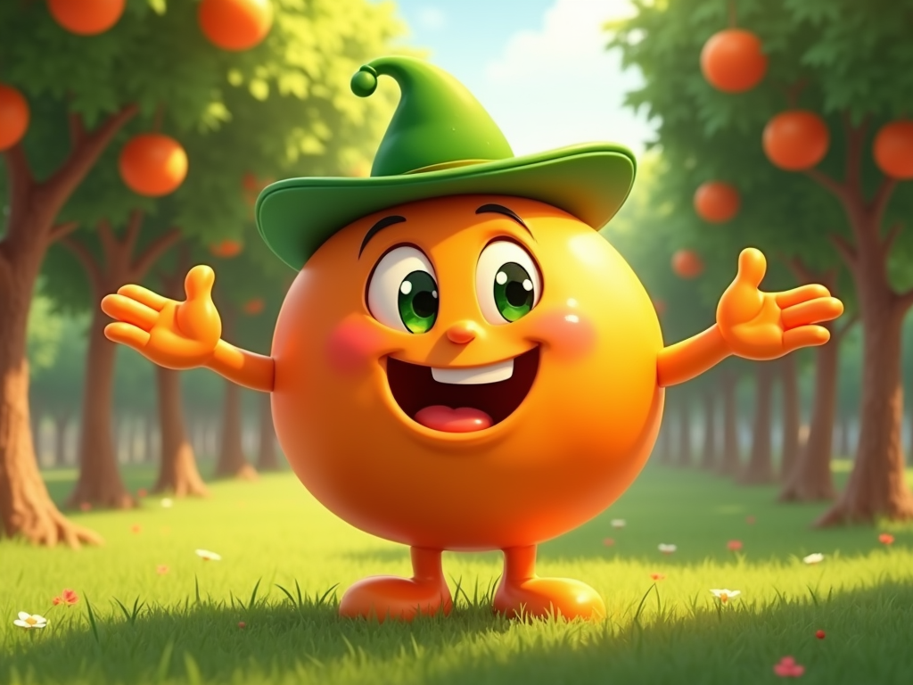 The image is a 3D illustration of a cartoon character in an orange grove. The character is orange in color and has a big smile on its face. It is wearing a green witch hat and has two arms stretched out in front of it, as if it is dancing or waving. The background is filled with trees with orange fruits hanging from their branches. The ground is covered in green grass and there are small white flowers scattered around. The overall mood of the image is cheerful and playful.