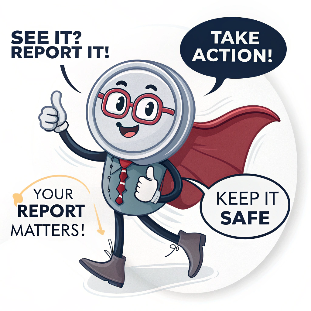 Sticker Design Sub-Idea 5: A friendly 'Report Button' character (the button with eyes, a smile, and a small cape) giving a thumbs-up next to short, empowering phrases like 'See it? Report it!', 'Take Action!', 'Your Report Matters!', and 'Keep It Safe.'