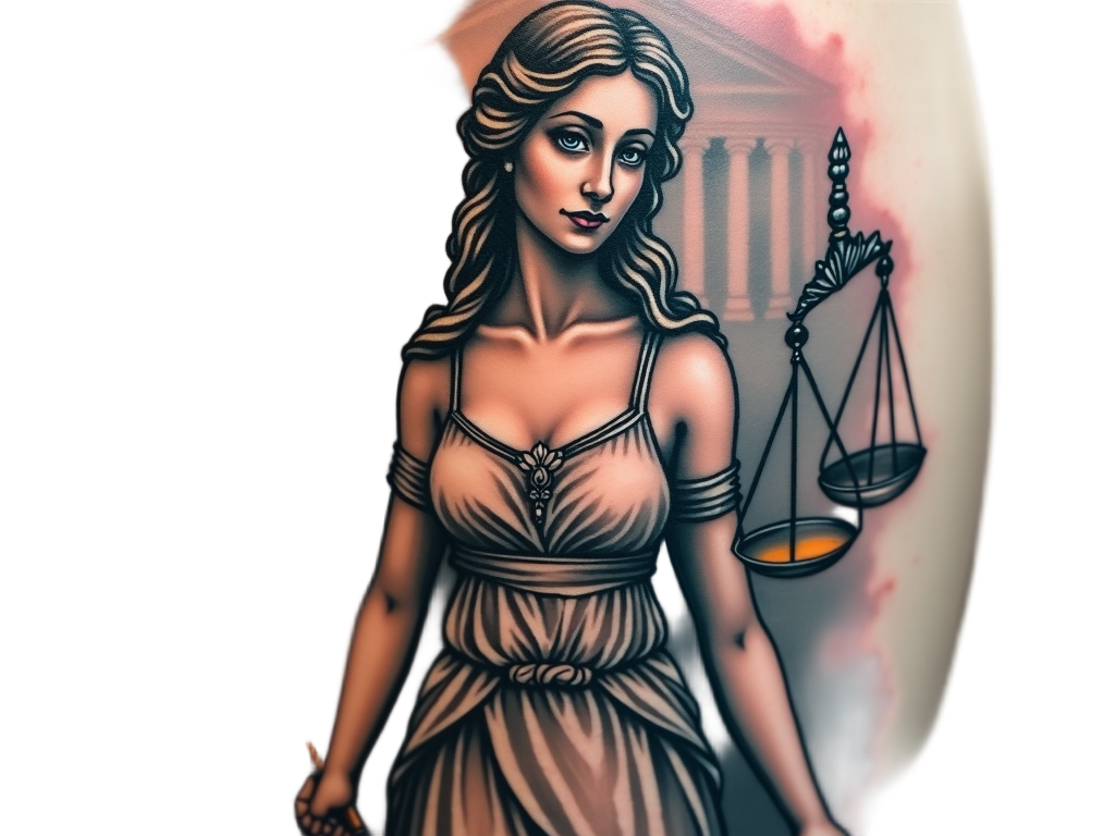 A vivid portrayal of Lady Justice as a tattoo, with a serene expression on her face, suggests calmness and fairness.