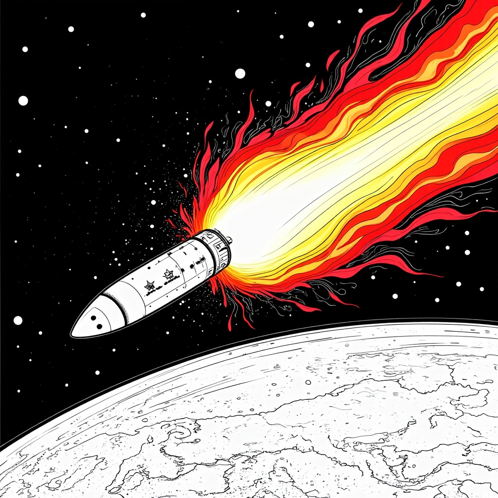 Coloring page showcasing the Starliner capsule enveloped in intense orange, red, and yellow plasma during atmospheric re-entry, with the Earth's curvature visible below and a transition from dark space.