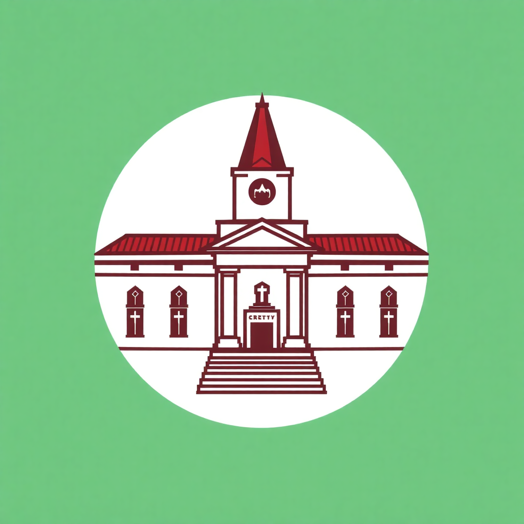 The image is a circular illustration of a church. The church has a red roof and a steeple with a clock on top. The front of the church has two columns with arched windows on either side. There is a staircase leading up to the entrance with a cross on the front. The background is a light green color. The overall design is simple and minimalistic.