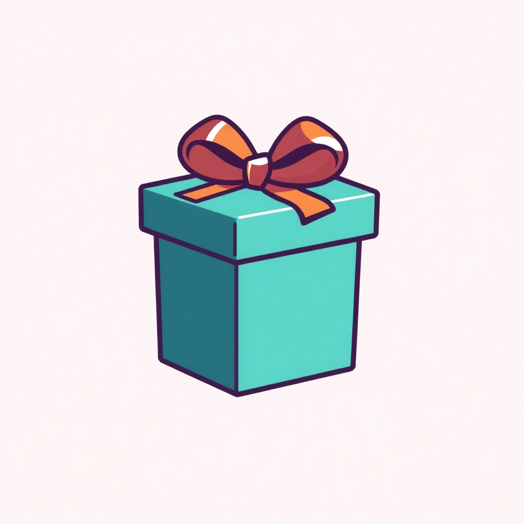 The image is a simple illustration of a small gift box. The box is square in shape and is painted in a light blue color. It has a large orange ribbon tied in a bow on top of the box, which is tied in an orange and white striped pattern. The ribbon appears to be tied in the shape of a bow. The background is plain white.