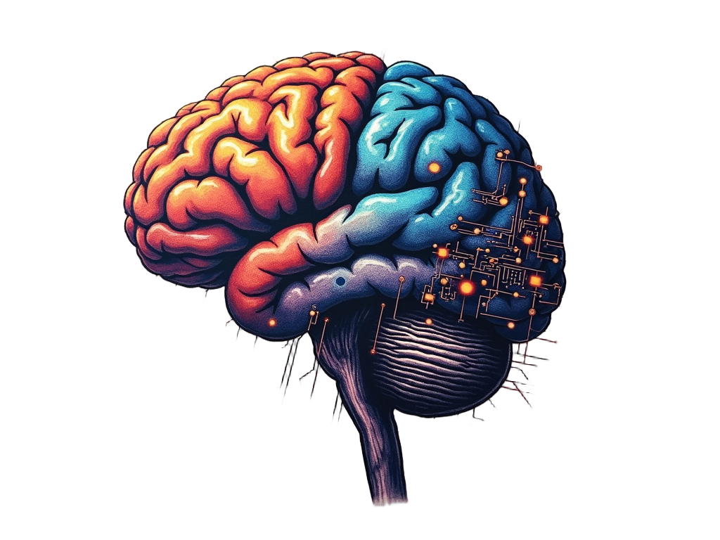 Half-organic, half-circuitry brain: One hemisphere depicted as a natural human brain, the other as a complex, glowing circuit board, with the two halves merging seamlessly or with visible connecting wires/fibers.