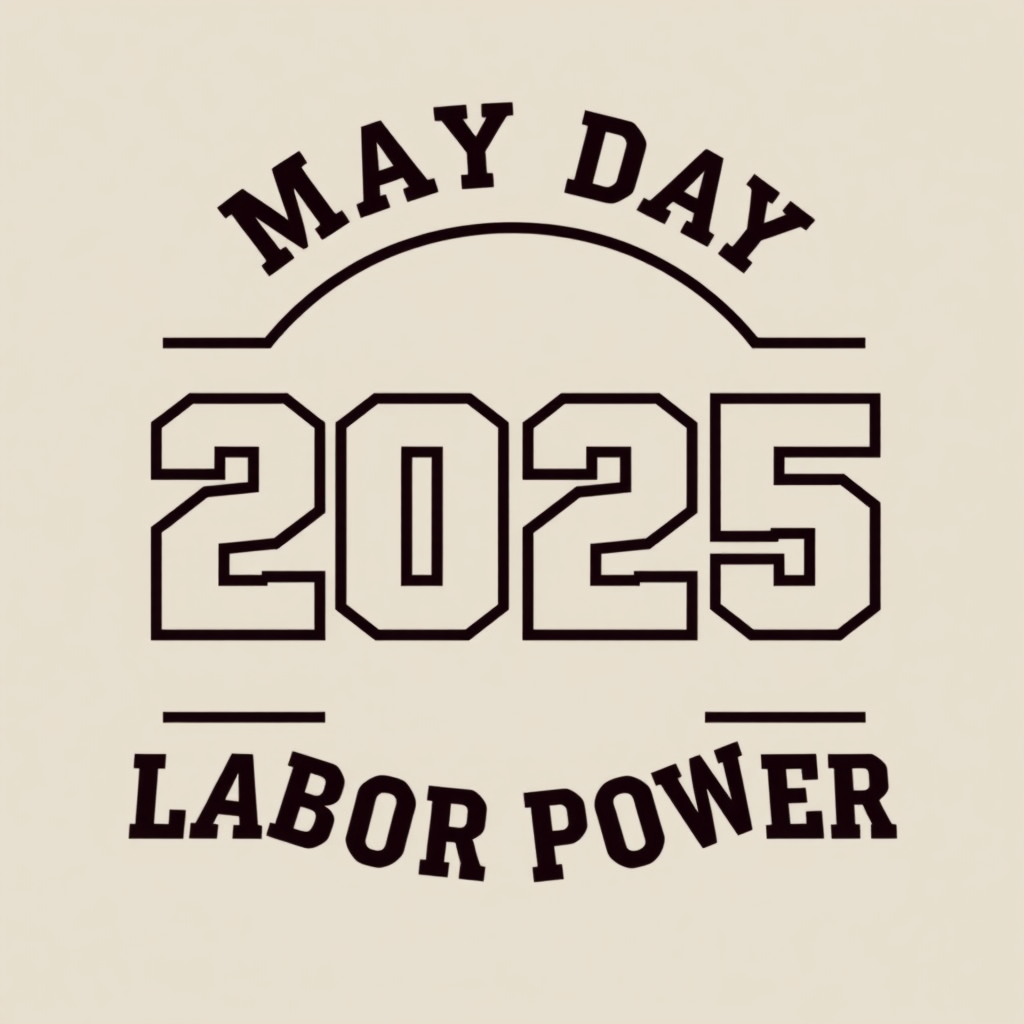 Sub-Design 1 (Typographic Unity): '2025' in a heavy, uniform sans-serif. The digits are tightly spaced, possibly touching, to form a unified block. 'MAY DAY' and 'LABOR POWER' appear above and below in a contrasting but strong typeface, creating a cohesive emblem of solidarity.