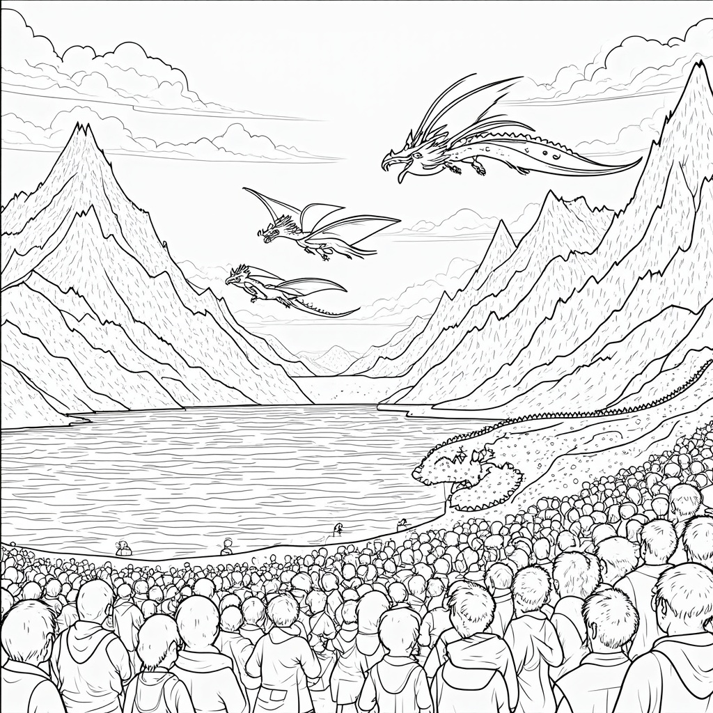 A dragon racing contest taking place across an expansive, mythological landscape. Dragons of all colors and sizes soar through the skies, darting between mountains and over vast oceans. Spectators from various fantasy races watch in awe, creating a vibrant, adrenaline-fueled scene.