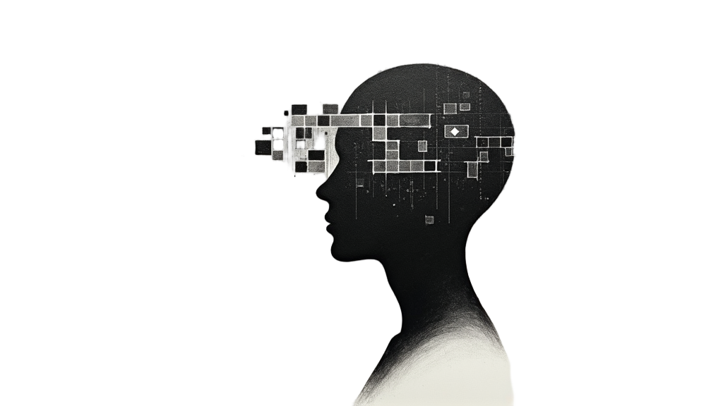 A silhouette of a human head fracturing into pixelated blocks and lines of binary code, with some sections appearing misaligned or discolored, suggesting a digital mind deconstructing.