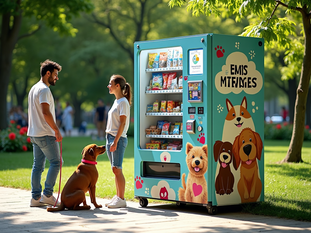 A vending machine dedicated to pet items located in a park, offering toys and treats for dogs, decorated with playful images of cats and dogs.