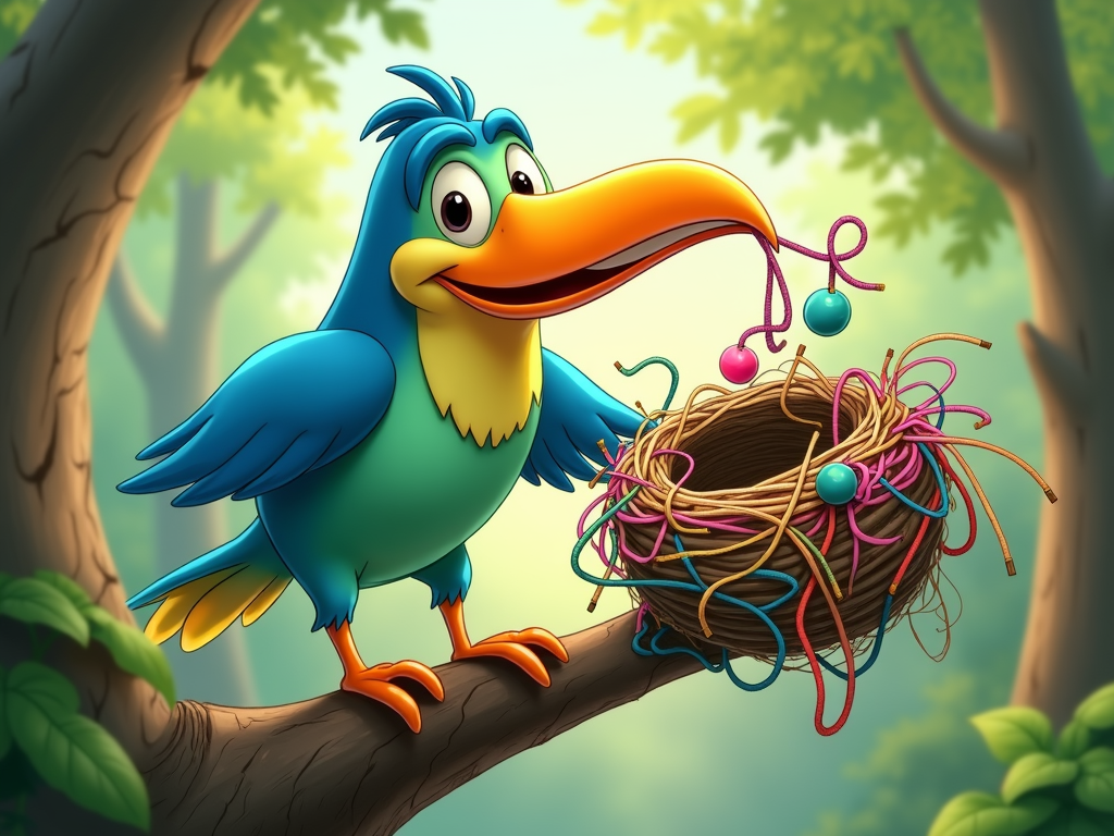 A cartoonish bird with an oversized beak, holding colorful materials like yarn or ribbons and constructing a whimsical, vibrant nest.