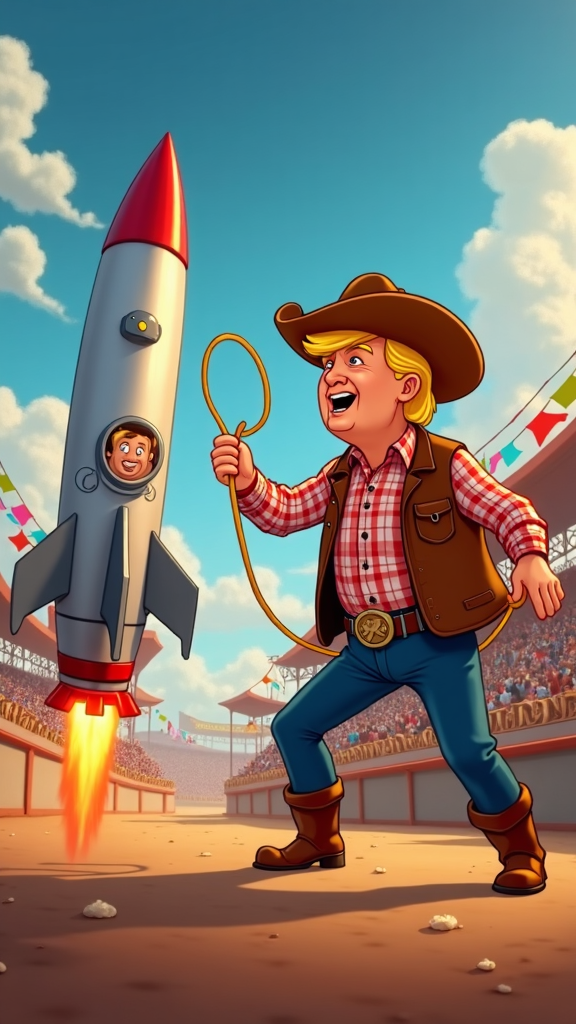 Cartoon Donald Trump in cowboy attire at a rodeo, trying to lasso a rocket being pulled by Elon Musk, dressed in futuristic space gear.