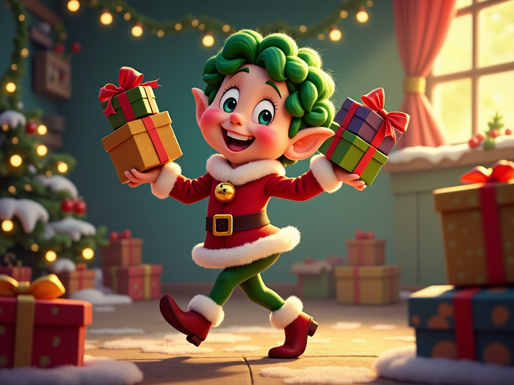  a cartoon Christmas elf in a room with a Christmas tree and presents. The elf is wearing a red and green outfit with a gold belt and boots. He has green hair and is holding two gift boxes in his hands. The gift boxes are wrapped in colorful paper and have red bows on top. The room is decorated with string lights and there is a window with red curtains in the background. The floor is covered in snow and there are several gift boxes scattered around the room. The overall mood of the image is cheerful and festive.