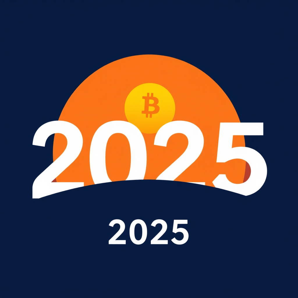 2025 Open Horizon: The number '2025' forms a stylized horizon line. Above it, an abstract representation of Bitcoin (e.g., a simplified block or a 'B' as a rising sun) ascends, symbolizing a new dawn of decentralized technology and freedom.