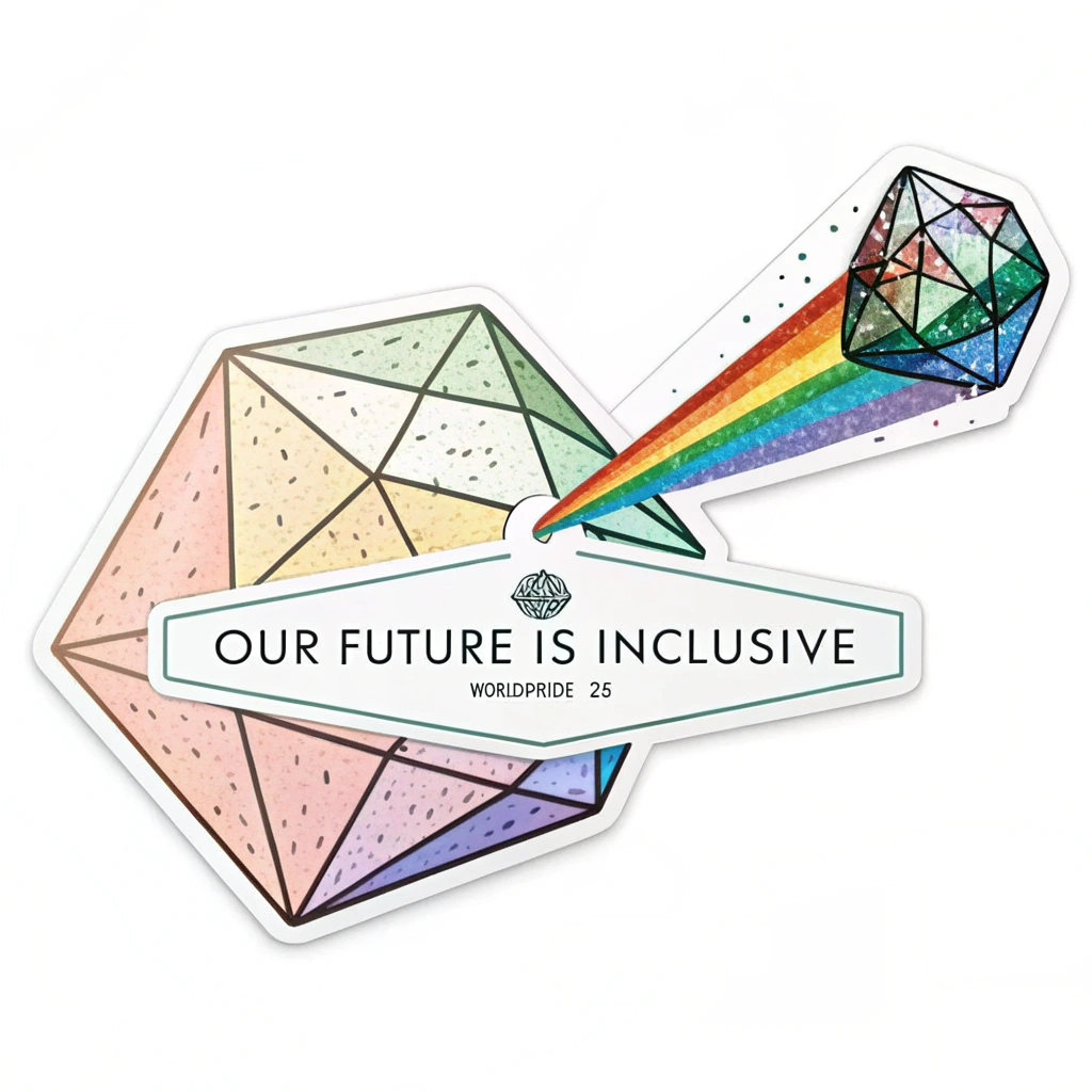Sticker design using the metaphor of a prism or a multifaceted geometric crystal. A single beam of light enters and refracts into a vibrant spectrum of colors, symbolizing the beauty of diversity and the multifaceted nature of an inclusive future. The tagline 'Our Future is Inclusive' and 'WorldPride '25' would be typeset to complement the visual.