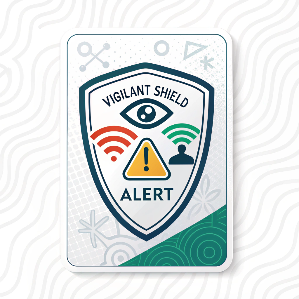 Sub-design 1: 'Vigilant Shield Alert' sticker featuring a shield icon with an integrated eye (for vigilance) and an exclamation mark (for alert/report), symbolizing immediate safety action upon spotting suspicious content. Color palette: blues/greens for safety, with yellow/orange accents for alert.