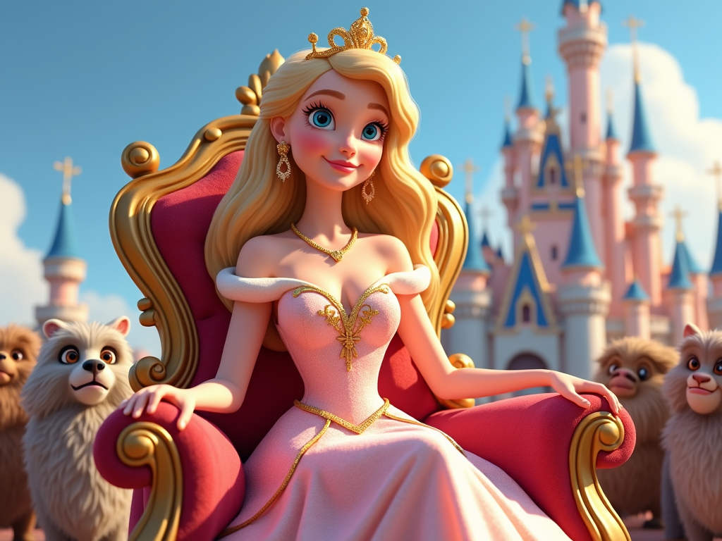 A sweet princess with a gentle aura, sitting on a throne, surrounded by loyal subjects and a magical castle backdrop.