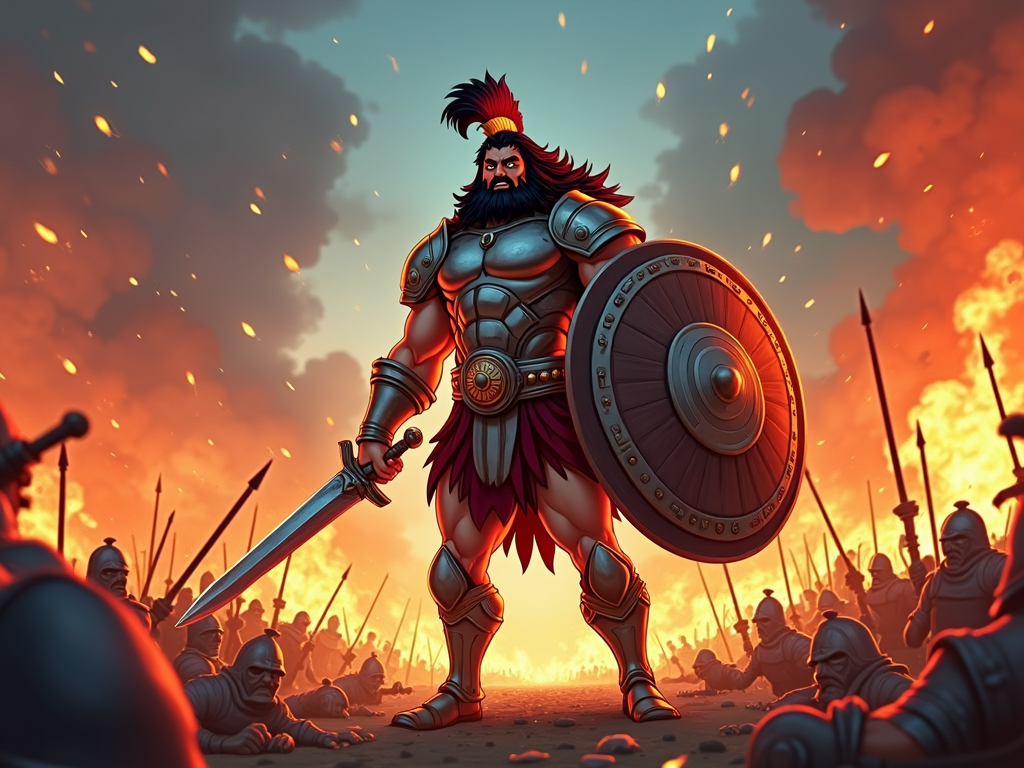 Ares depicted amidst a chaotic battlefield, surrounded by the clash of weapons and the cries of fallen soldiers, with fire and destruction in the background.