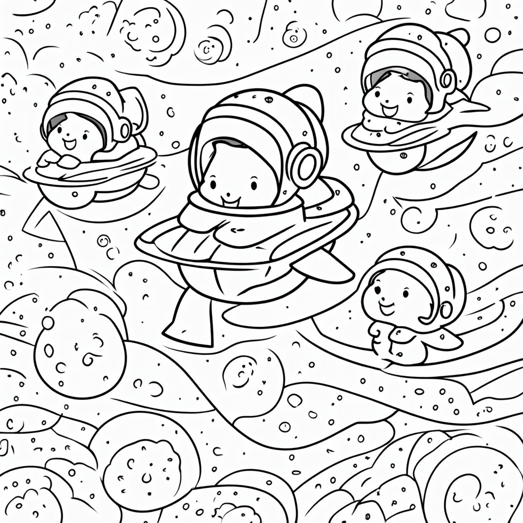 Gummy Bear Space Exploration featuring gummy bears in candy-rocket ships and astronaut helmets, exploring planets made of giant gumballs and marshmallow moons, and navigating through asteroid fields of smaller candies.