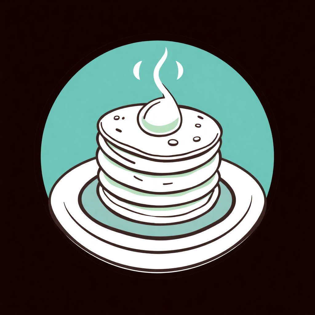 The image is an illustration of a stack of pancakes on a plate. The pancakes are arranged in a circular pattern, with the topmost stack being the largest and the bottom two being the smallest. The plate is white and has a light blue background. On top of the stack, there is a white swirl of steam rising from the top, indicating that the pancakes are freshly made. The overall style of the illustration is simple and cartoon-like.