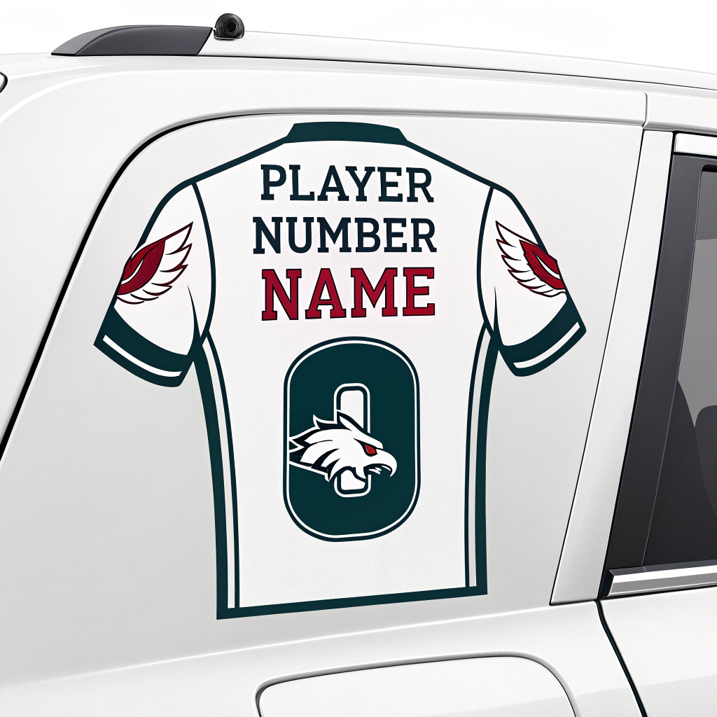 A vinyl decal sticker that replicates the team's jersey design, including player number and name customization.