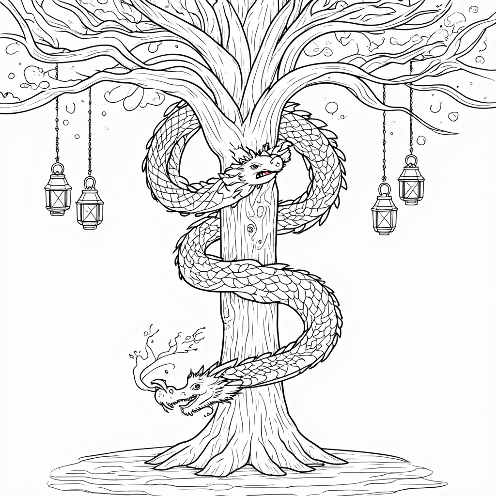 A mystical dragon entwined with a towering, ancient tree. The dragon appears to be part of the tree, with its scales blending seamlessly into the bark. Lanterns hang from the branches, illuminating their shared space with a warm glow, hinting at a spiritual connection.