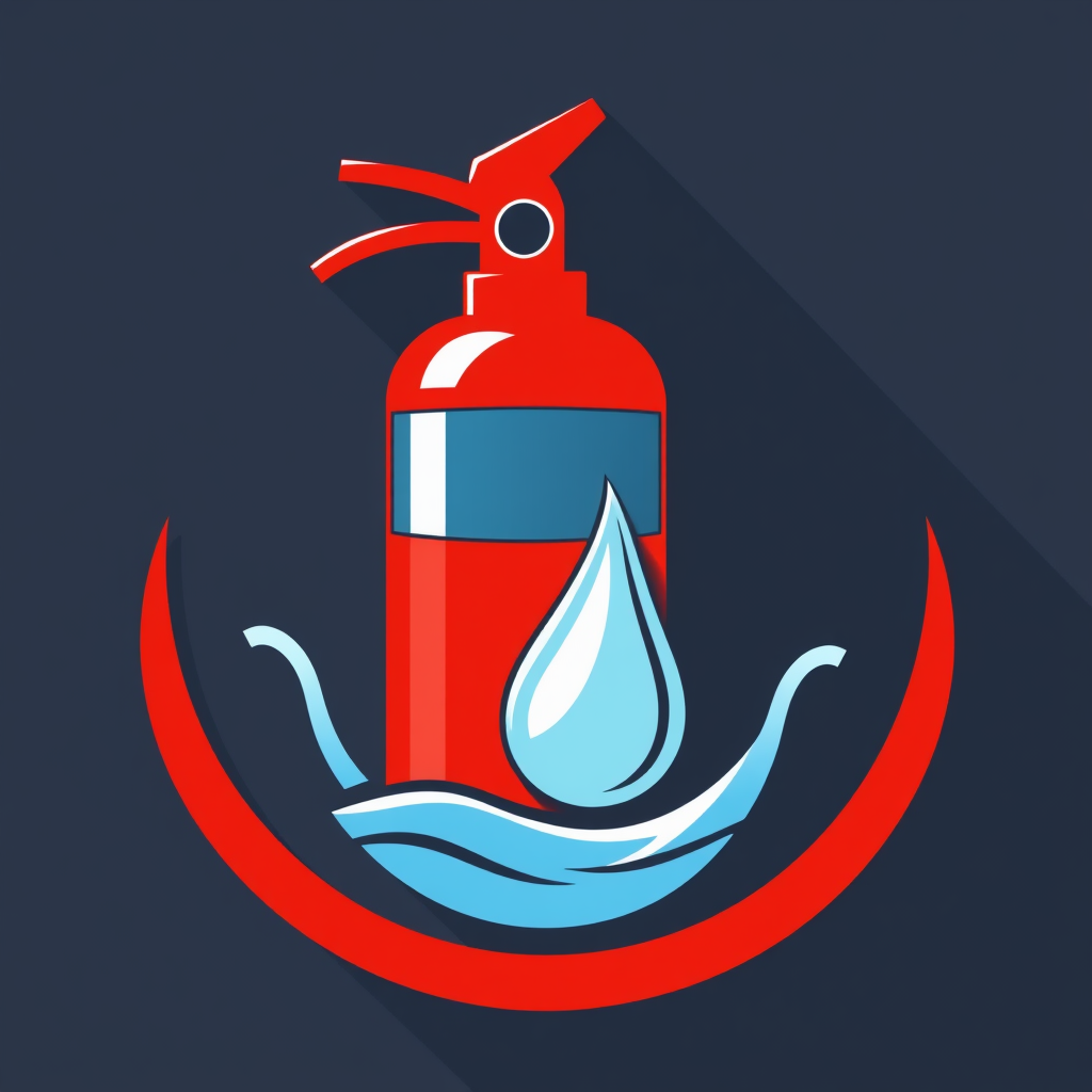 An emblem combining a fire extinguisher with a droplet of water, representing fire suppression.