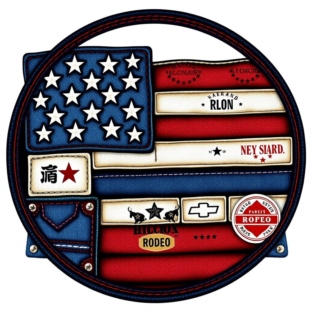 A stylized American flag made with patches resembling leather and denim with prominent stitching, including brands and rodeo logos integrated throughout the design.