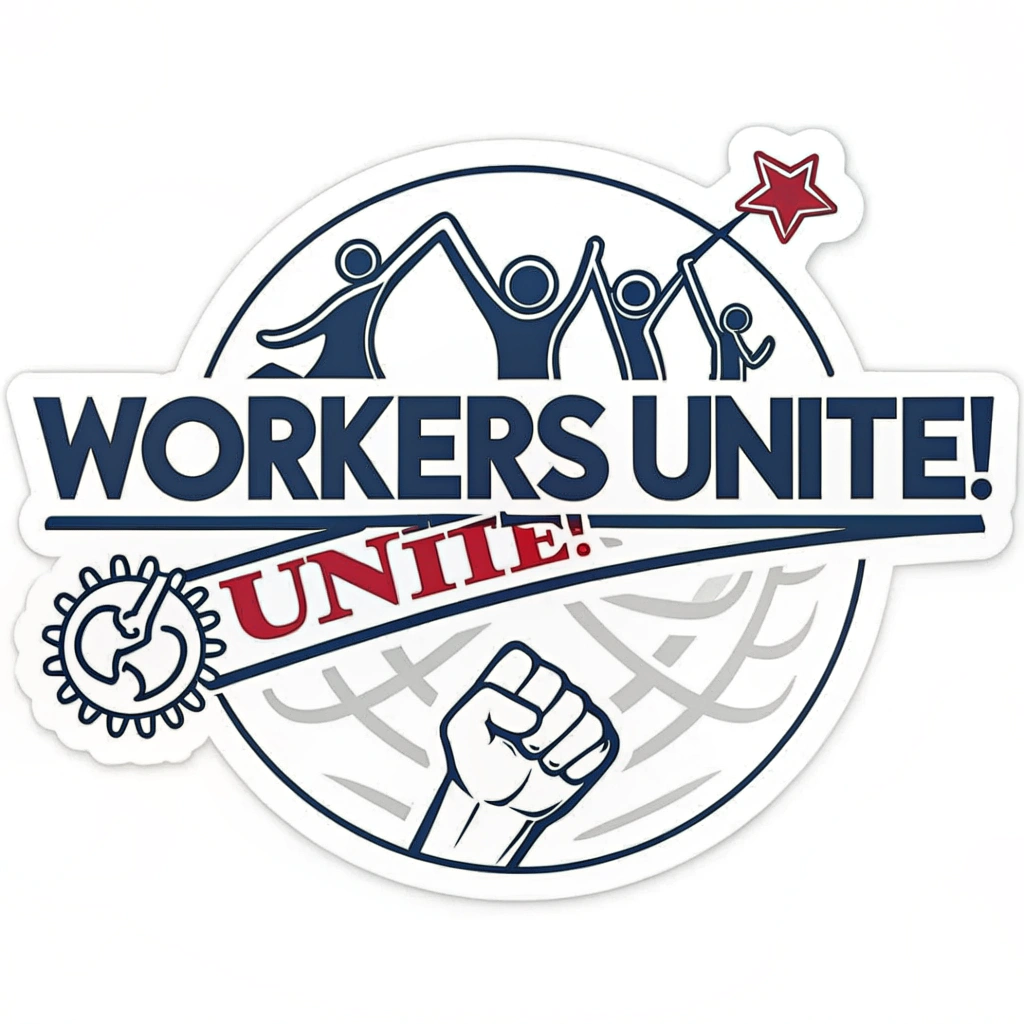 Simple Logo Idea: The phrase 'Workers Unite!' rendered as a strong, memorable logotype using custom bold letterforms, potentially underlined or contained within a simple geometric shape like a rectangle or circle for emphasis.