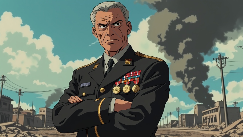 The image is an illustration of a man in a military uniform standing in front of a cityscape. The man is wearing a dark blue military uniform with gold epaulettes and medals on his chest. He has a serious expression on his face and his arms are crossed at his sides. The cityscape behind him is filled with buildings and power lines, and there is a large plume of black smoke rising from one of the buildings. The sky is blue and there are a few clouds in the distance. The overall mood of the image is tense and ominous.