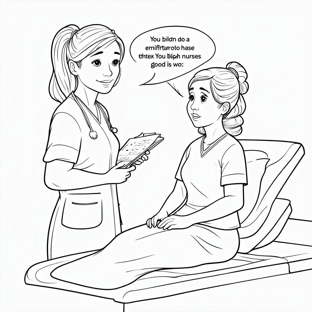 A nurse offering a comforting smile and a reassuring word to a patient who looks anxious. The nurse could be checking a clipboard, but the focus is on the gentle interaction and compassionate expression.