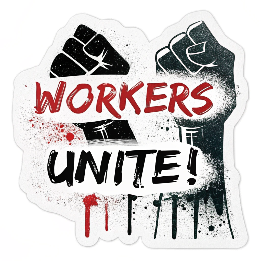 Stencil/Graffiti Art: The raised fist and 'Workers Unite!' text designed to look like spray-painted stencil art, complete with rough edges or drips. Often high-contrast (black on white/red) or a single bold color.