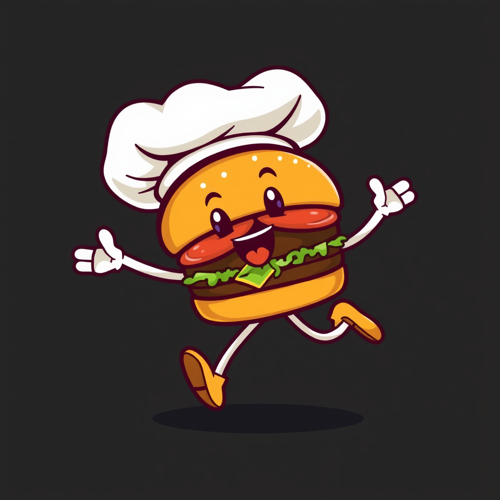 A hamburger wearing a chef's hat with arms and legs, running or jumping playfully.