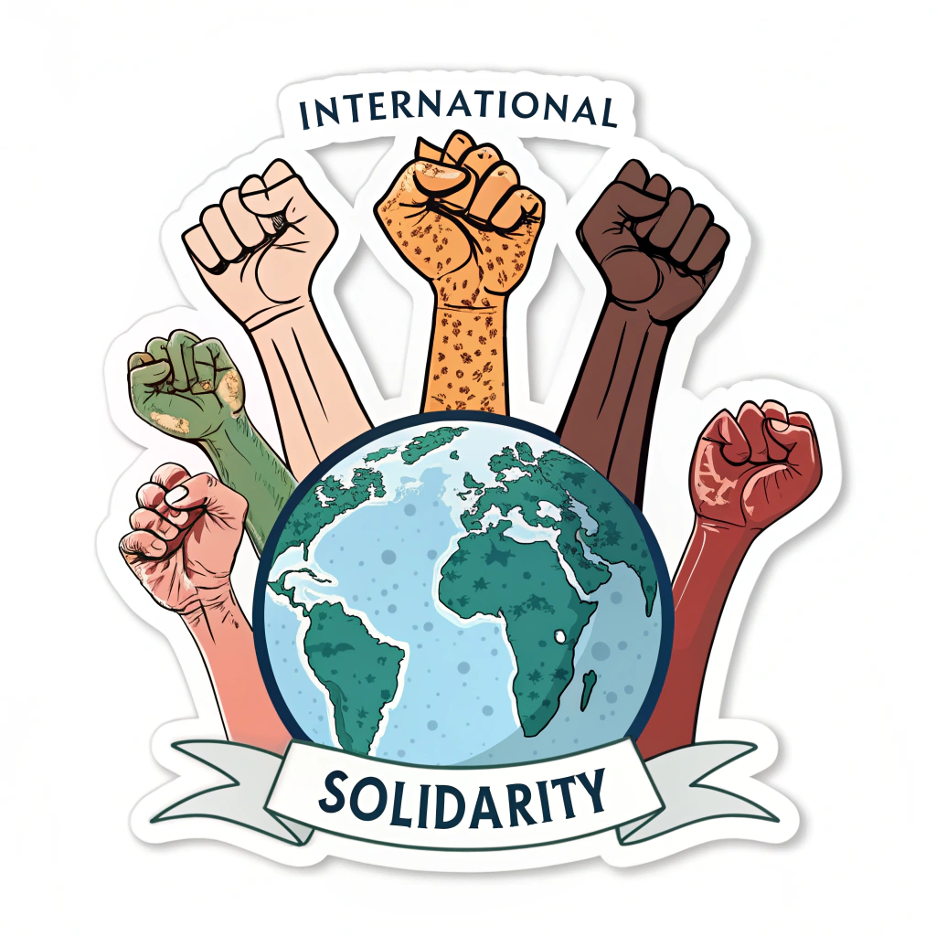 Sub-design 1 (Raised Fists Globe): A globe as the central element, with stylized raised fists of diverse skin tones emerging from various continents, symbolizing international workers' solidarity. Incorporate 'May 1st' or 'International Solidarity' text.