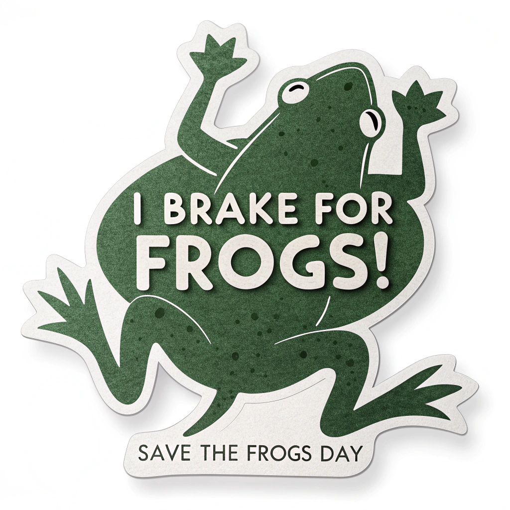 A die-cut sticker shaped like a flattened frog viewed from above. The text 'I BRAKE FOR FROGS!' is integrated onto the frog's back in a contrasting color. Optionally add 'Save The Frogs Day' in small letters near the tail end.