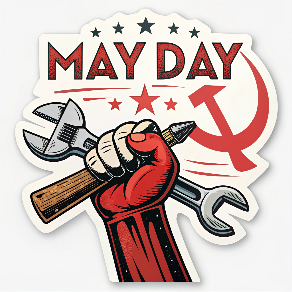 Sub-Design Idea 1: A clenched fist, symbolizing solidarity and protest, depicted either holding or encircled by the hammer, wrench, and sickle. Feature bold 'May Day' typography, utilizing classic protest colors like red, black, and white.